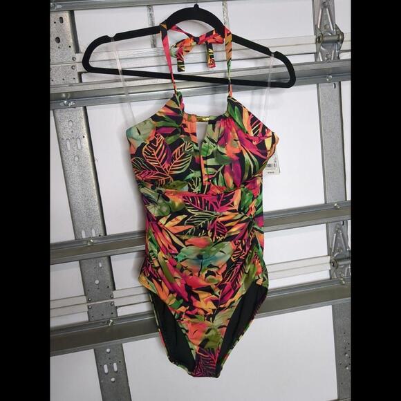 NWT Lauren Ralph Lauren Midnight Tropical High Neck One-Piece Multicolored Sz 8 - Picture 1 of 6